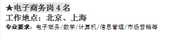 ★電子商務崗4名工作地點：北京、上海專業要求：電子商務/數學/計算機/信息管理/市場營銷等