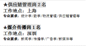 ★供應鏈管理崗2名工作地點：上海  專業要求：統計學/數學/物流管理/供應鏈管理等  ★媒介傳播崗1名工作地點：深圳專業要求：新聞學/傳播學/廣告學/新媒體等